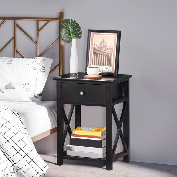 HOMCOM Traditional Accent End Table With 1 Drawer,X Bar Bottom Storage Shelf, for Living Room Bedroom Room 40L x 30W x 55H cm - Black