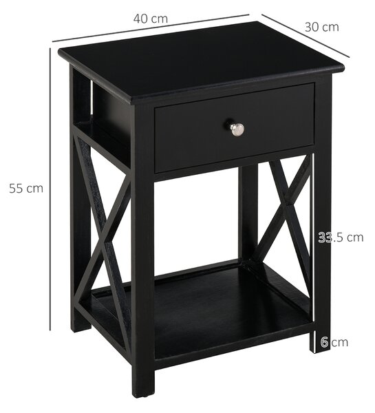 HOMCOM Traditional Accent End Table With 1 Drawer,X Bar Bottom Storage Shelf, for Living Room Bedroom Room 40L x 30W x 55H cm - Black