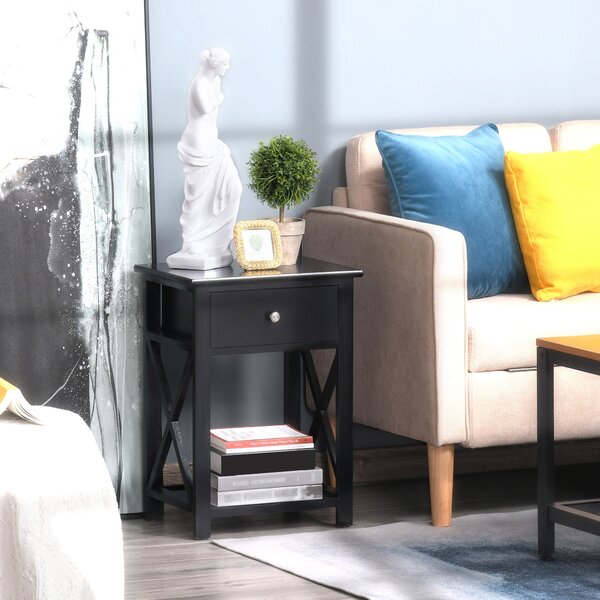 HOMCOM Traditional Accent End Table With 1 Drawer,X Bar Bottom Storage Shelf, for Living Room Bedroom Room 40L x 30W x 55H cm - Black