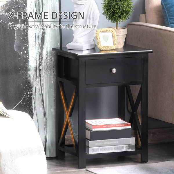 HOMCOM Traditional Accent End Table With 1 Drawer,X Bar Bottom Storage Shelf, for Living Room Bedroom Room 40L x 30W x 55H cm - Black