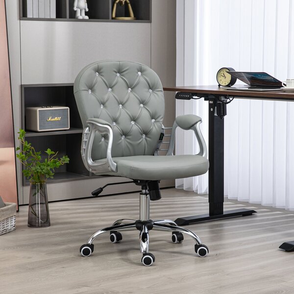 Vinsetto Computer Desk Chair with 360° Swivel, PU Diamante Padded, Base 5 Castor Wheels, Ergonomic Desk Chair for Home Work, Grey Aosom UK