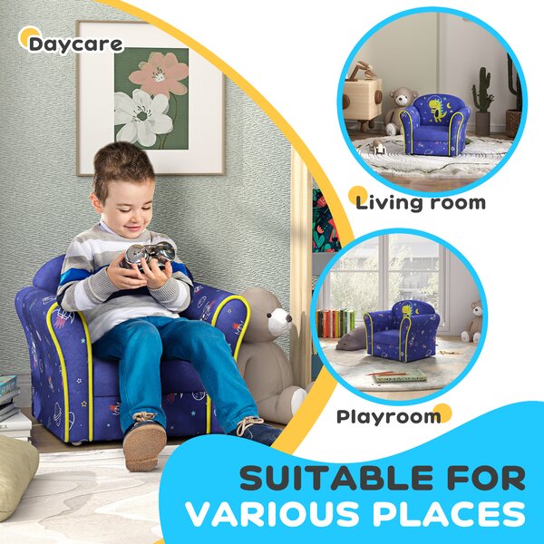 AIYAPLAY Kids Sofa Kids Couch Armchair with Stylish Planet and Dinosaurs Design, Wooden Frame, for Bedroom, Playroom, Kids Room, Pink Aosom UK