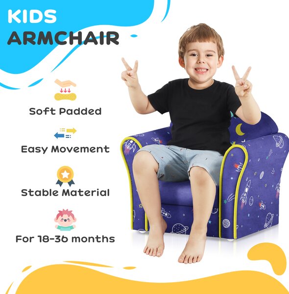 AIYAPLAY Kids Sofa Kids Couch Armchair with Stylish Planet and Dinosaurs Design, Wooden Frame, for Bedroom, Playroom, Kids Room, Pink Aosom UK
