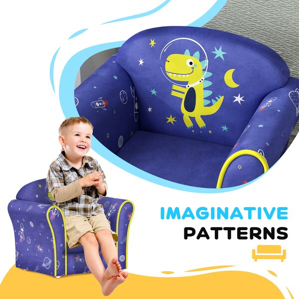 AIYAPLAY Kids Sofa Kids Couch Armchair with Stylish Planet and Dinosaurs Design, Wooden Frame, for Bedroom, Playroom, Kids Room, Pink Aosom UK