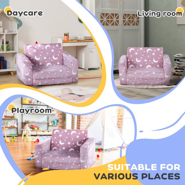 AIYAPLAY Childrens Sofa Beds 2 in 1 Kids Foldable Chair with Glow in The Dark Stars Moon Design, Washable Cushion and Cover, Pink Aosom UK