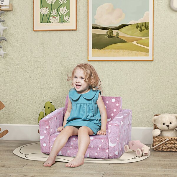 AIYAPLAY Childrens Sofa Beds 2 in 1 Kids Foldable Chair with Glow in The Dark Stars Moon Design, Washable Cushion and Cover, Pink Aosom UK
