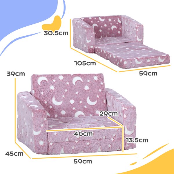 AIYAPLAY Childrens Sofa Beds 2 in 1 Kids Foldable Chair with Glow in The Dark Stars Moon Design, Washable Cushion and Cover, Pink Aosom UK