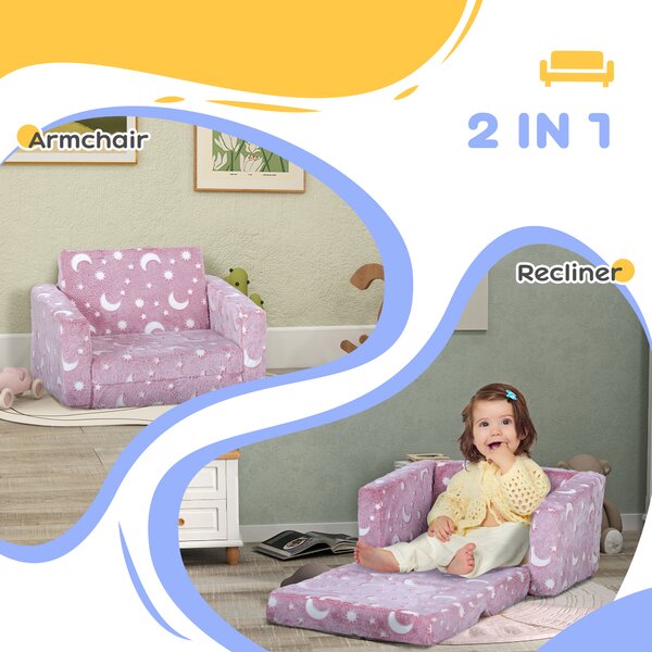 AIYAPLAY Childrens Sofa Beds 2 in 1 Kids Foldable Chair with Glow in The Dark Stars Moon Design, Washable Cushion and Cover, Pink Aosom UK