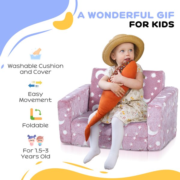 AIYAPLAY Childrens Sofa Beds 2 in 1 Kids Foldable Chair with Glow in The Dark Stars Moon Design, Washable Cushion and Cover, Pink Aosom UK