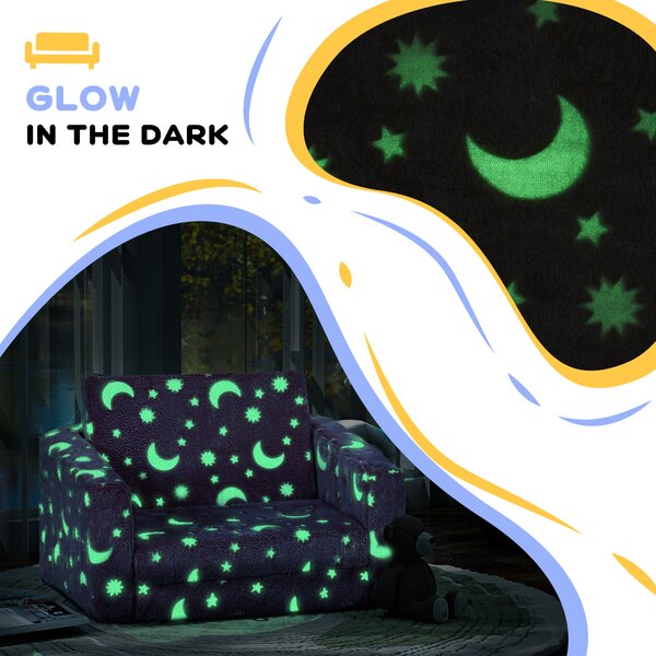 AIYAPLAY Childrens Sofa Beds 2 in 1 Kids Foldable Chair with Glow in The Dark Stars Moon Design, Washable Cushion and Cover, Pink Aosom UK
