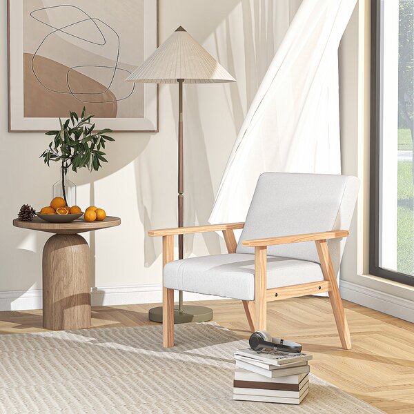 Accent Chair HOMCOM Occasional Chairs Wood Frame with Thick Linen Cushions Wide Seat Armchair Home Furniture Bedroom Office, Cream White Aosom UK
