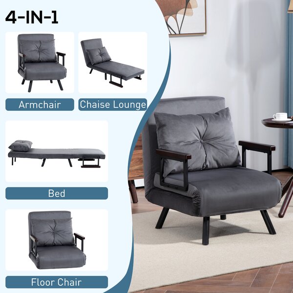 HOMCOM 4-in-1 Velvet-Feel Single Chair Bed, with Pillow - Charcoal Grey Aosom UK