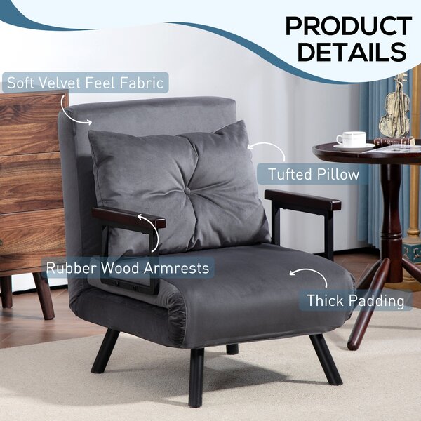 HOMCOM 4-in-1 Velvet-Feel Single Chair Bed, with Pillow - Charcoal Grey Aosom UK
