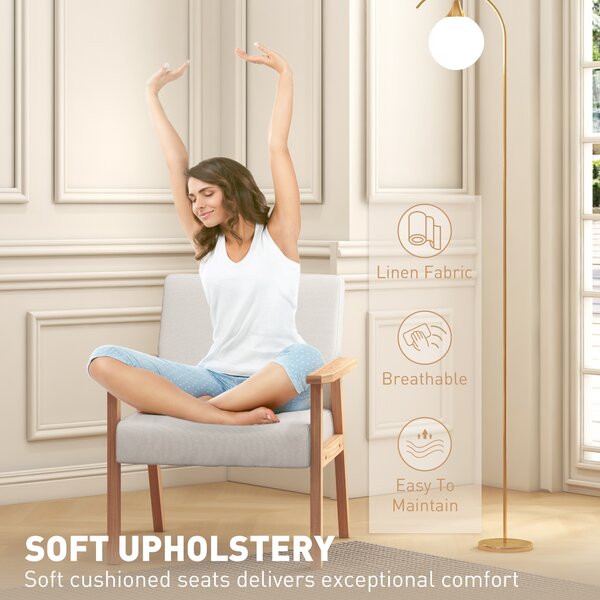 Accent Chair HOMCOM Occasional Chairs Wood Frame with Thick Linen Cushions Wide Seat Armchair Home Furniture Bedroom Office, Cream White Aosom UK