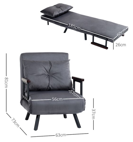 HOMCOM 4-in-1 Velvet-Feel Single Chair Bed, with Pillow - Charcoal Grey Aosom UK