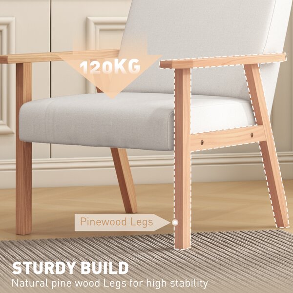 Accent Chair HOMCOM Occasional Chairs Wood Frame with Thick Linen Cushions Wide Seat Armchair Home Furniture Bedroom Office, Cream White Aosom UK