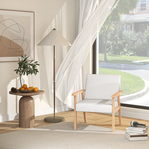 Accent Chair HOMCOM Occasional Chairs Wood Frame with Thick Linen Cushions Wide Seat Armchair Home Furniture Bedroom Office, Cream White Aosom UK