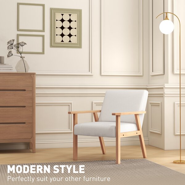 Accent Chair HOMCOM Occasional Chairs Wood Frame with Thick Linen Cushions Wide Seat Armchair Home Furniture Bedroom Office, Cream White Aosom UK