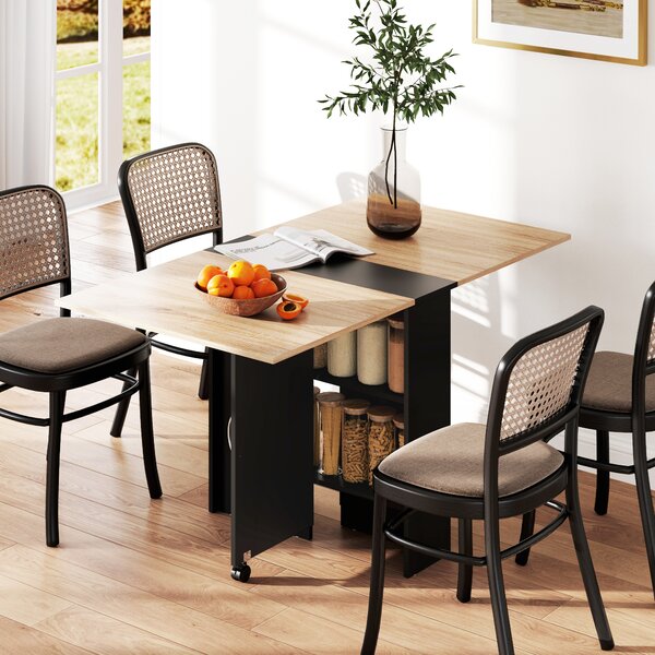 HOMCOM Folding Dining Table with Drop Leaf, 2 Tier Shelves and Rolling Casters, Small Space Table, Oak Aosom UK