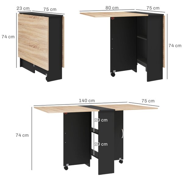 HOMCOM Folding Dining Table with Drop Leaf, 2 Tier Shelves and Rolling Casters, Small Space Table, Oak Aosom UK