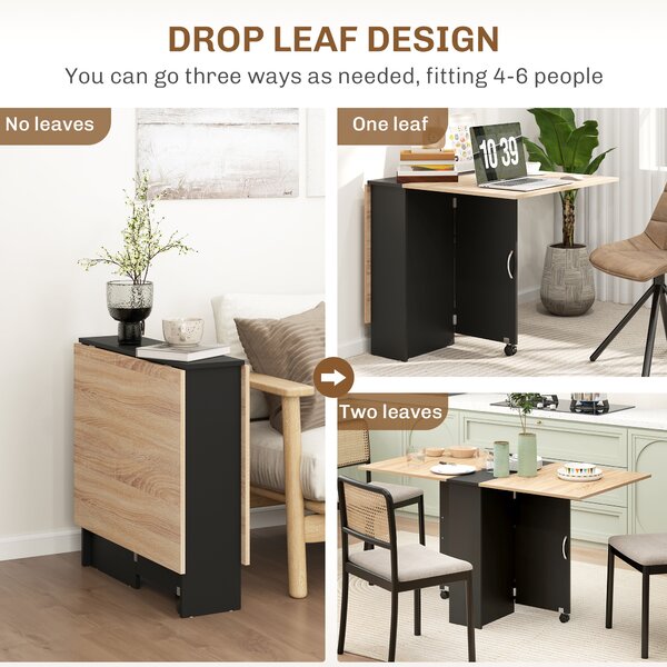 HOMCOM Folding Dining Table with Drop Leaf, 2 Tier Shelves and Rolling Casters, Small Space Table, Oak Aosom UK