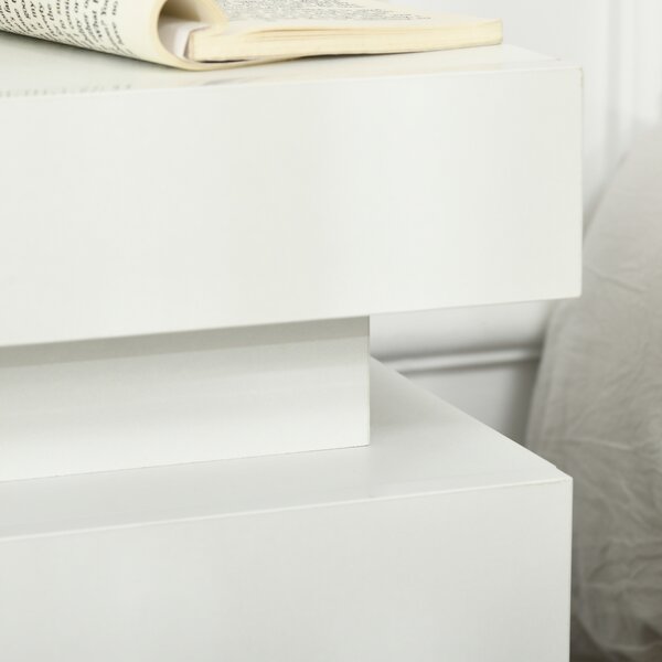 HOMCOM White Bedside Cabinets with LED Light, High Gloss Front Nightstand with 2 Drawers, for Living Room, Bedroom