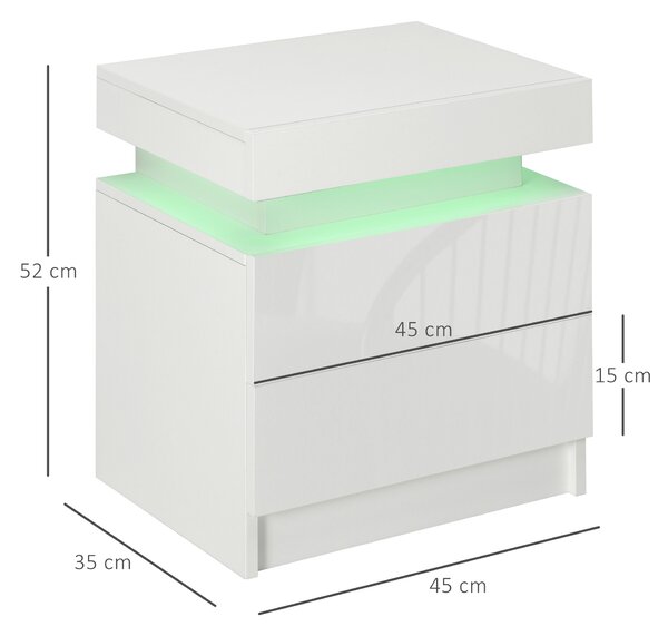 HOMCOM White Bedside Cabinets with LED Light, High Gloss Front Nightstand with 2 Drawers, for Living Room, Bedroom