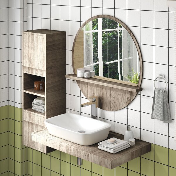Kleankin 45cm Round Home Mirror, with Shelf - Grey Wood-Effect Aosom UK