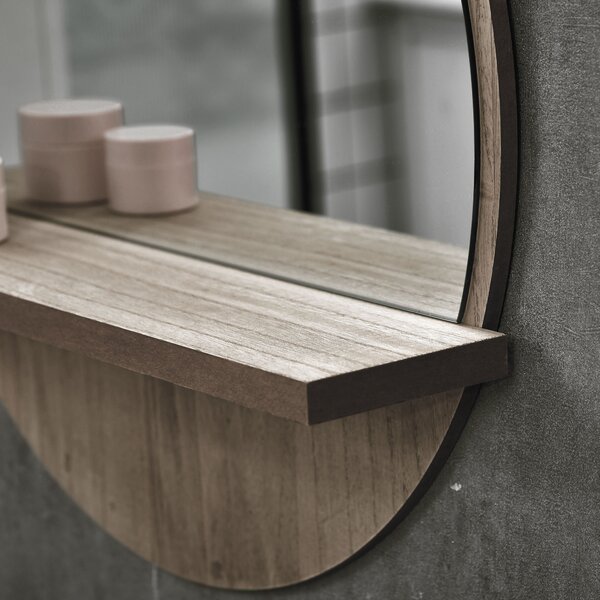 Kleankin 45cm Round Home Mirror, with Shelf - Grey Wood-Effect Aosom UK