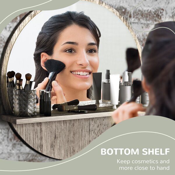 Kleankin 45cm Round Home Mirror, with Shelf - Grey Wood-Effect Aosom UK