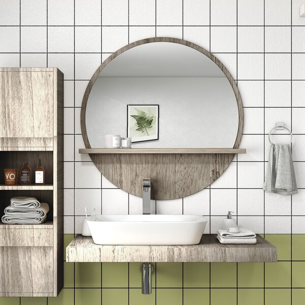 Kleankin 45cm Round Home Mirror, with Shelf - Grey Wood-Effect Aosom UK