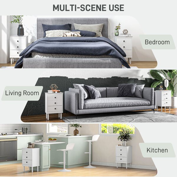 HOMCOM Bedside Table Set of 2, Modern Sofa Side Table with 3 Drawers, Nightstand for Bedroom, 40x30x64cm, White Aosom UK