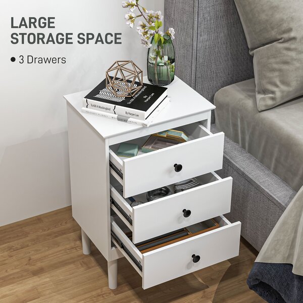 HOMCOM Bedside Table Set of 2, Modern Sofa Side Table with 3 Drawers, Nightstand for Bedroom, 40x30x64cm, White Aosom UK