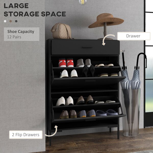 HOMCOM 3 Drawer Shoe Cabinet Cupboard with Flip Doors and Adjustable Shelf for 12 Pairs of Shoes, Narrow Shoe Storage Organiser for Hallway, Black