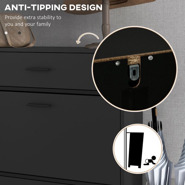 HOMCOM 3 Drawer Shoe Cabinet Cupboard with Flip Doors and Adjustable Shelf for 12 Pairs of Shoes, Narrow Shoe Storage Organiser for Hallway, Black