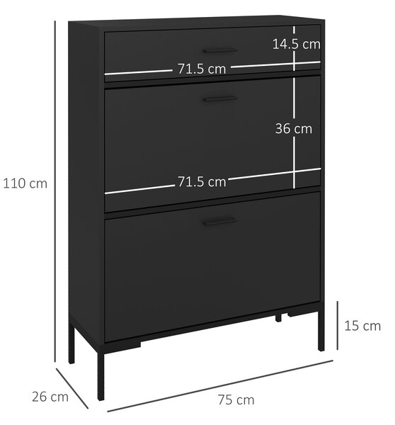 HOMCOM 3 Drawer Shoe Cabinet Cupboard with Flip Doors and Adjustable Shelf for 12 Pairs of Shoes, Narrow Shoe Storage Organiser for Hallway, Black