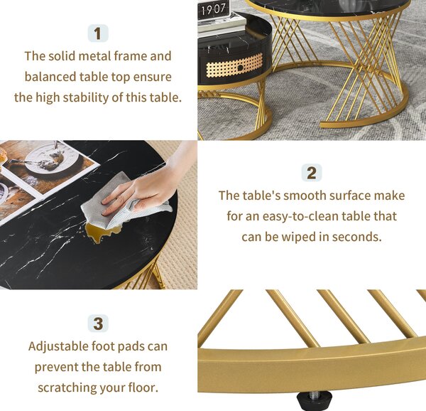 2-in-1 Nesting Coffee Table with Marble Grain Veneer Top and Rattan Drawers, Coffee Table for Sitting Room, 70x70x45.5 cm, Black+Gold Aosom.UK