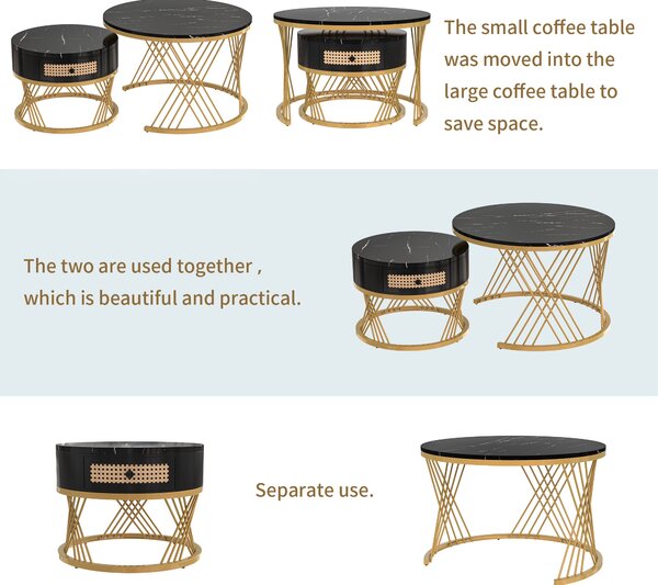 2-in-1 Nesting Coffee Table with Marble Grain Veneer Top and Rattan Drawers, Coffee Table for Sitting Room, 70x70x45.5 cm, Black+Gold Aosom.UK