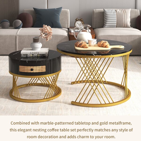 2-in-1 Nesting Coffee Table with Marble Grain Veneer Top and Rattan Drawers, Coffee Table for Sitting Room, 70x70x45.5 cm, Black+Gold Aosom.UK