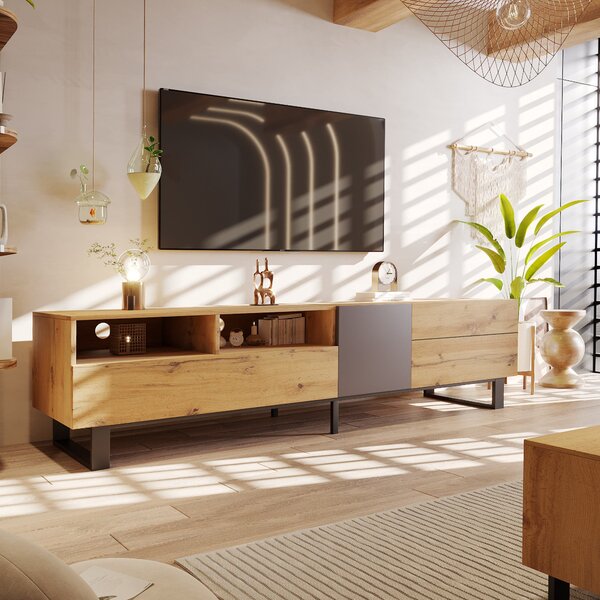 Wooden TV Unit with Storage Compartments and Grain Finish, Media Unit with Shelf for Living Room, Bedroom, 180L x 50W x 38H cm, Natural Aosom.UK