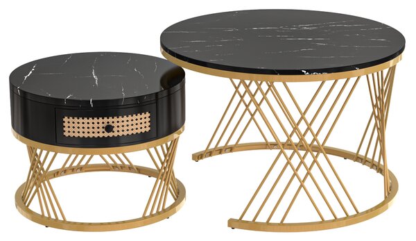 2-in-1 Nesting Coffee Table with Marble Grain Veneer Top and Rattan Drawers, Coffee Table for Sitting Room, 70x70x45.5 cm, Black+Gold Aosom.UK