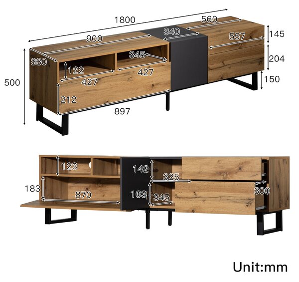 Wooden TV Unit with Storage Compartments and Grain Finish, Media Unit with Shelf for Living Room, Bedroom, 180L x 50W x 38H cm, Natural Aosom.UK