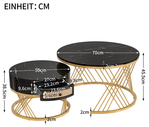2-in-1 Nesting Coffee Table with Marble Grain Veneer Top and Rattan Drawers, Coffee Table for Sitting Room, 70x70x45.5 cm, Black+Gold Aosom.UK