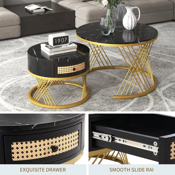 2-in-1 Nesting Coffee Table with Marble Grain Veneer Top and Rattan Drawers, Coffee Table for Sitting Room, 70x70x45.5 cm, Black+Gold Aosom.UK