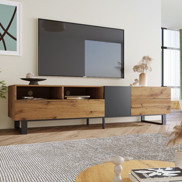 Wooden TV Unit with Storage Compartments and Grain Finish, Media Unit with Shelf for Living Room, Bedroom, 180L x 50W x 38H cm, Natural Aosom.UK