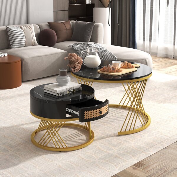 2-in-1 Nesting Coffee Table with Marble Grain Veneer Top and Rattan Drawers, Coffee Table for Sitting Room, 70x70x45.5 cm, Black+Gold Aosom.UK