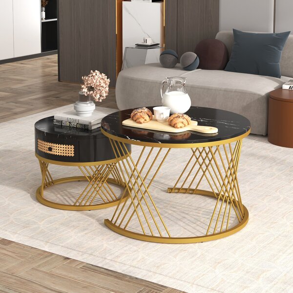 2-in-1 Nesting Coffee Table with Marble Grain Veneer Top and Rattan Drawers, Coffee Table for Sitting Room, 70x70x45.5 cm, Black+Gold Aosom.UK