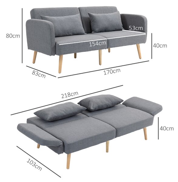 HOMCOM 3/2 Seater Sofa Bed, Convertible Bed Settee, Modern Fabric Loveseat Sofa Couch with 2 Cushions for Living Room, Guest Room, Cat Scratch Anti, Grey