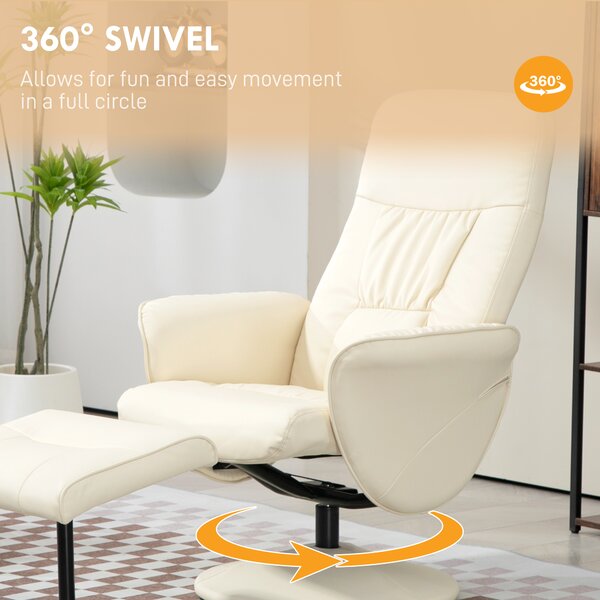 Swivel Recliner Chair with Footstool, HOMCOM PU Leather Armchair and Ottoman with High Back and Round Base for Living Room, Cream White Aosom UK