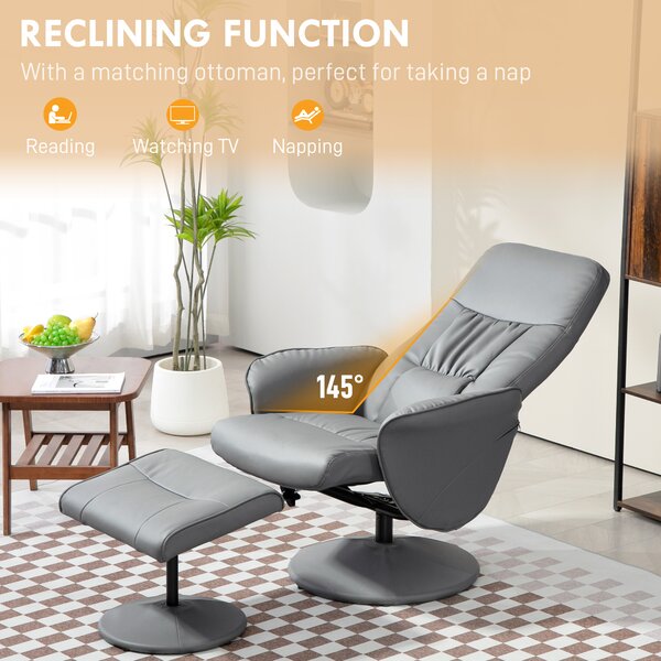 Swivel Recliner Chair with Footstool, HOMCOM PU Leather Armchair and Ottoman with High Back and Round Base for Living Room, Light Grey Aosom UK